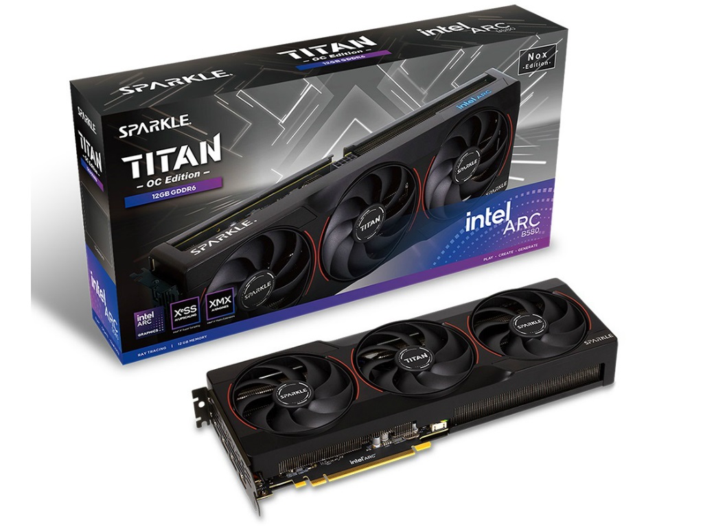 ブラックカラーの3連ファンクーラーを搭載する「SPARKLE Intel Arc B580 TITAN Nox OC」発売