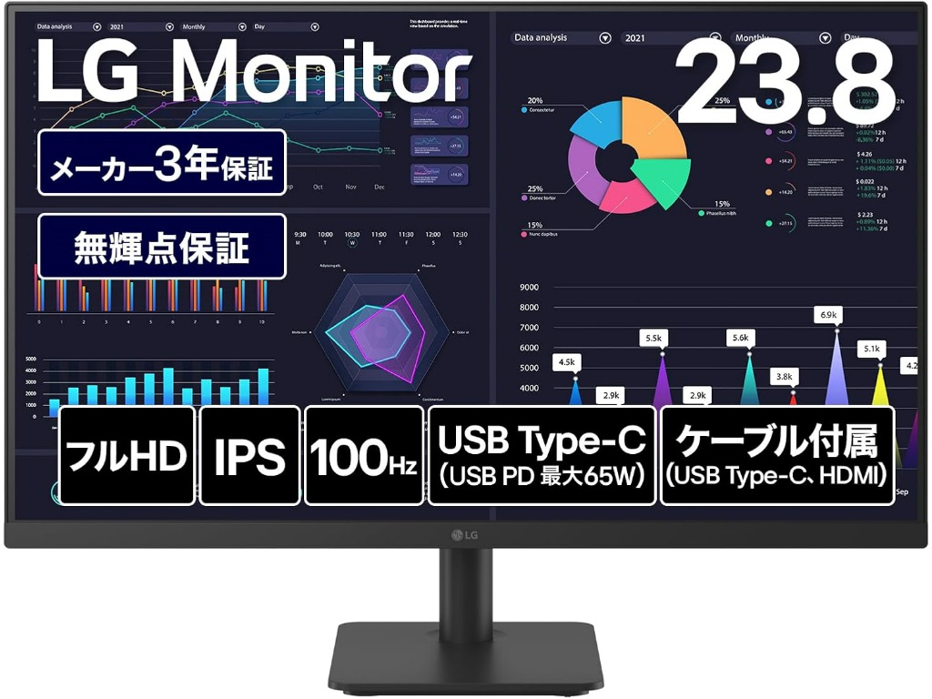(今日のお買い得) 65W USB PD対応23.8型フルHD液晶、LG「24MS530B-B」が37％オフ